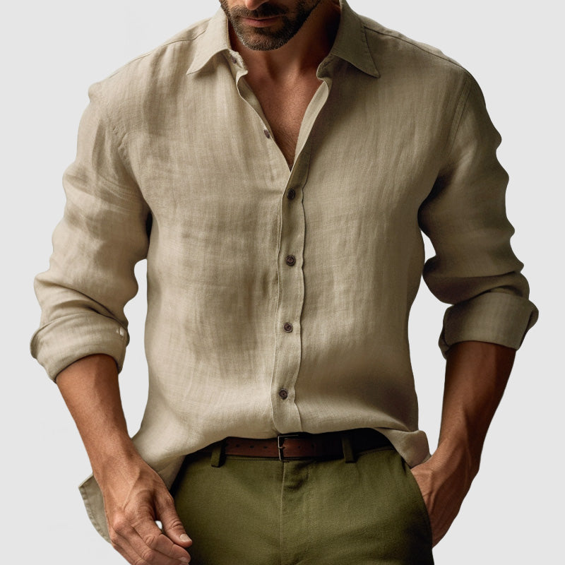 Men’s Linen Long Sleeve Button-Up Shirt with Open Collar and Relaxed Structure