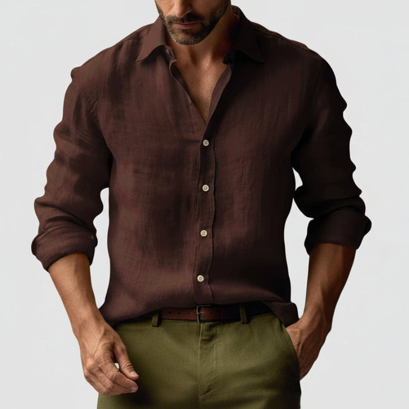 Men’s Linen Long Sleeve Button-Up Shirt with Open Collar and Relaxed Structure