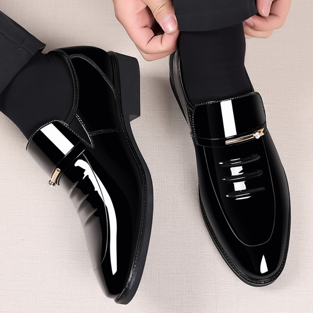 Men’s Slip-On Dress Shoes with Gloss Finish and Metal Strap Detail