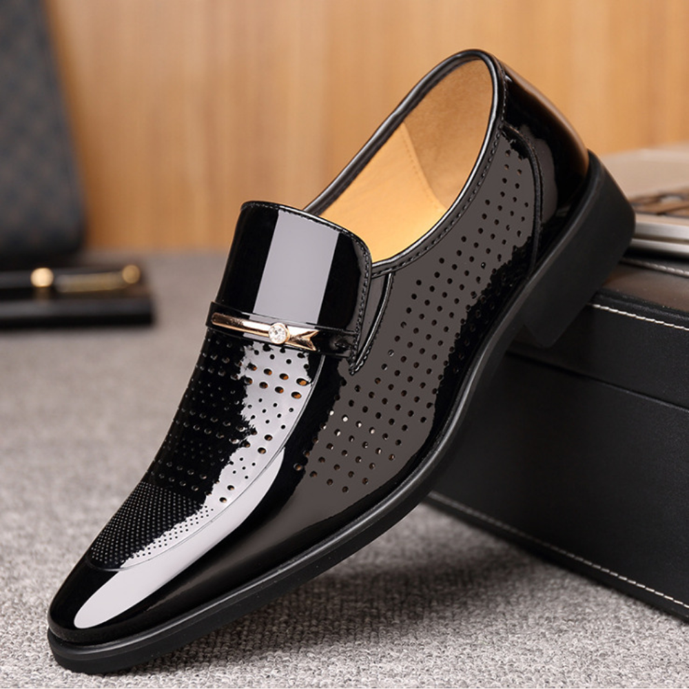 Men’s Slip-On Dress Shoes with Gloss Finish and Metal Strap Detail