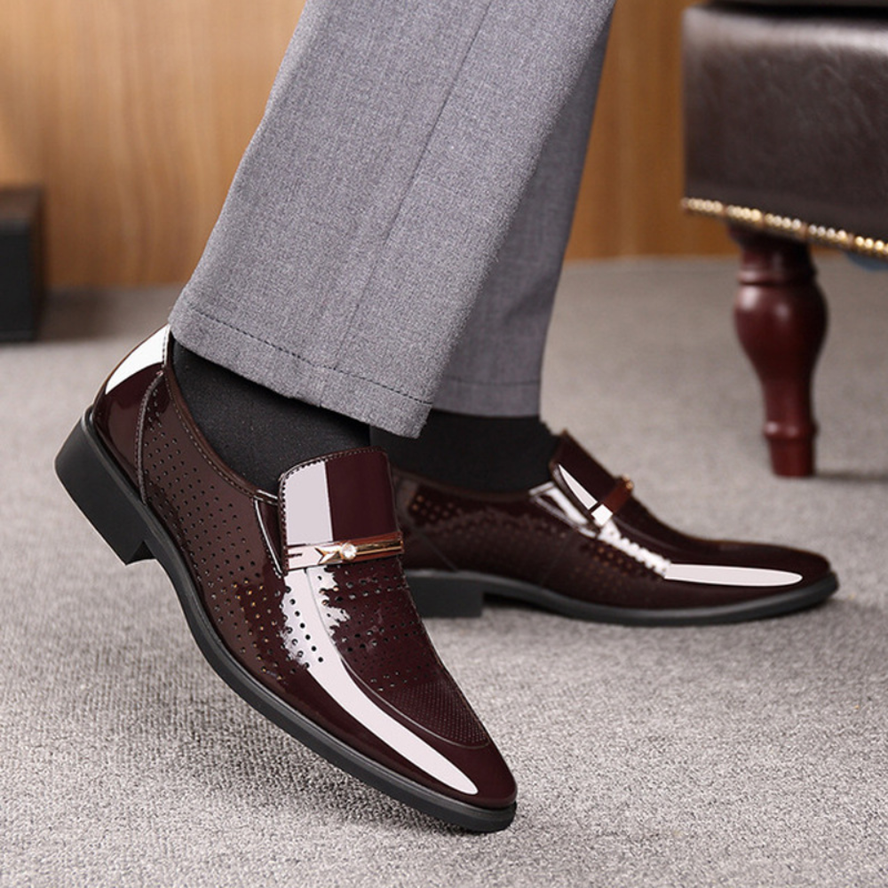 Men’s Slip-On Dress Shoes with Gloss Finish and Metal Strap Detail