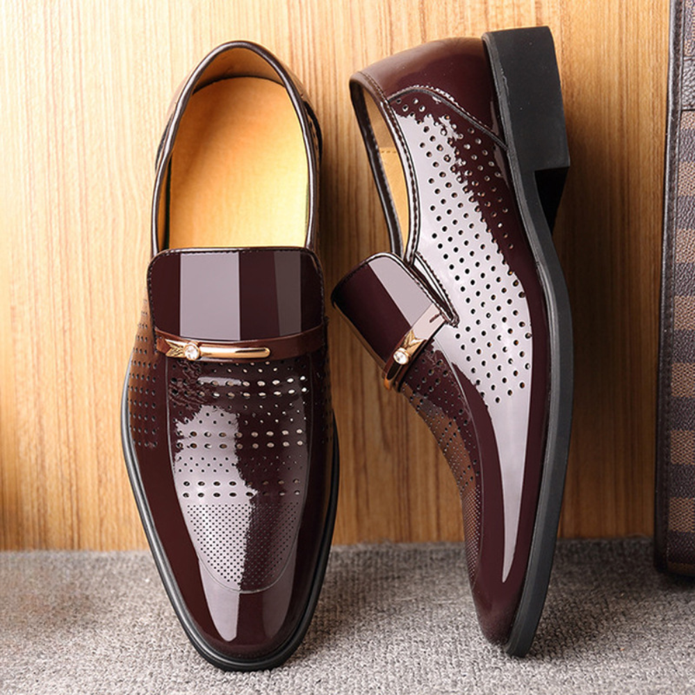Men’s Slip-On Dress Shoes with Gloss Finish and Metal Strap Detail