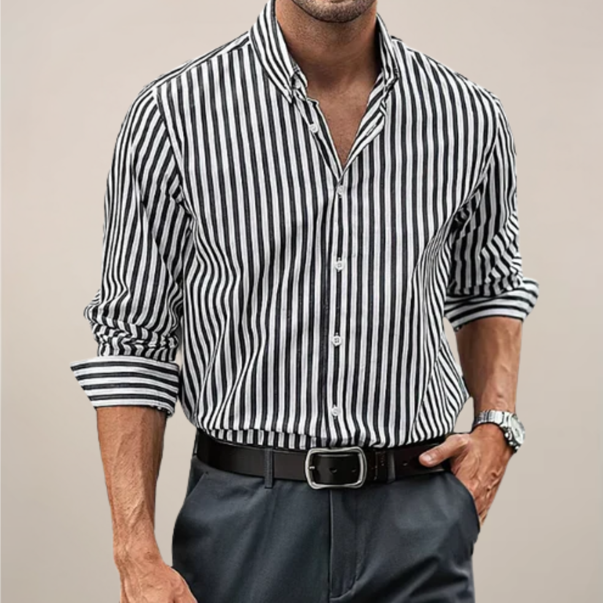 Men’s Vertical Stripe Long Sleeve Shirt with Button Front and Classic Collar