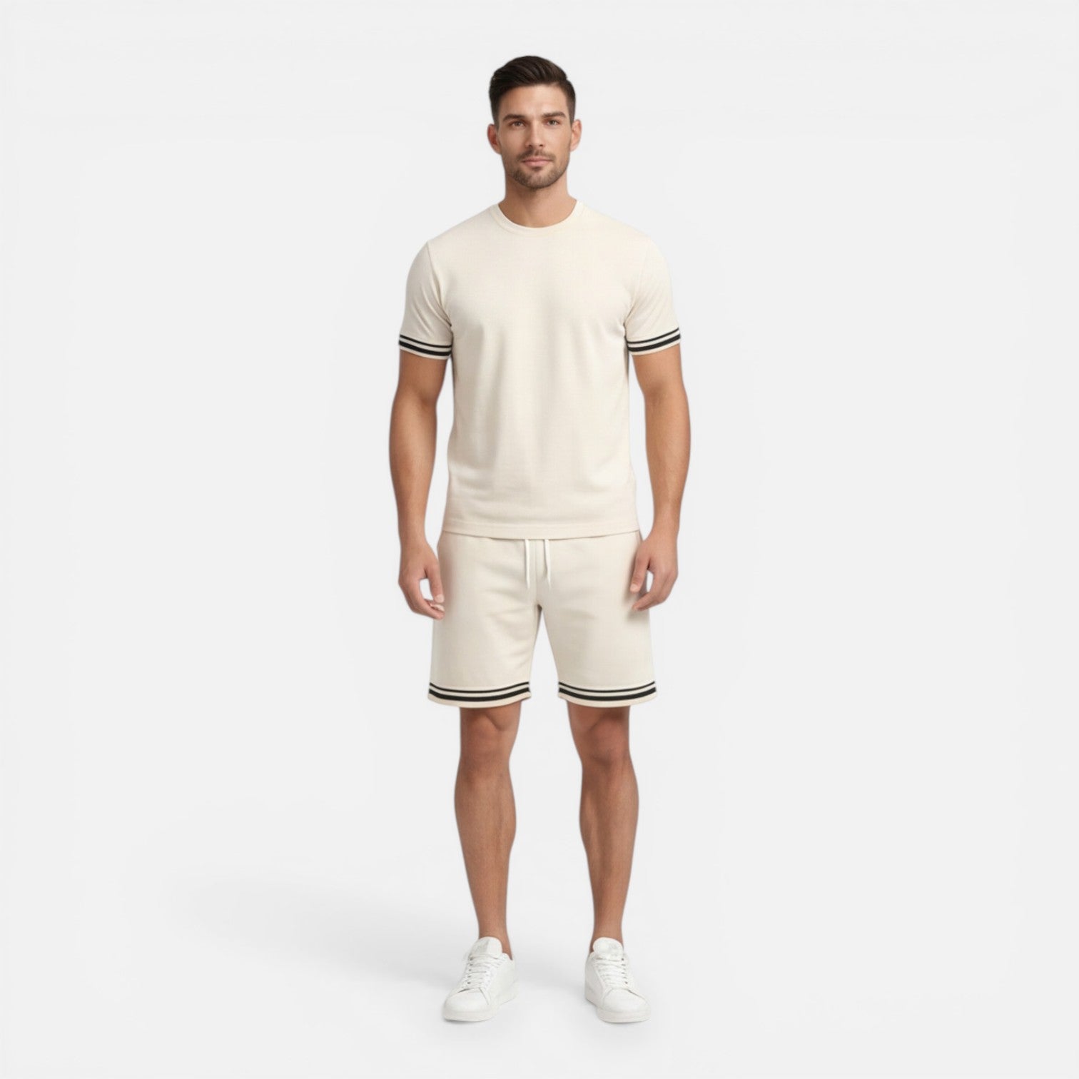 Men's Stripe Trim T-Shirt - Drawstring Shorts Two Piece Set