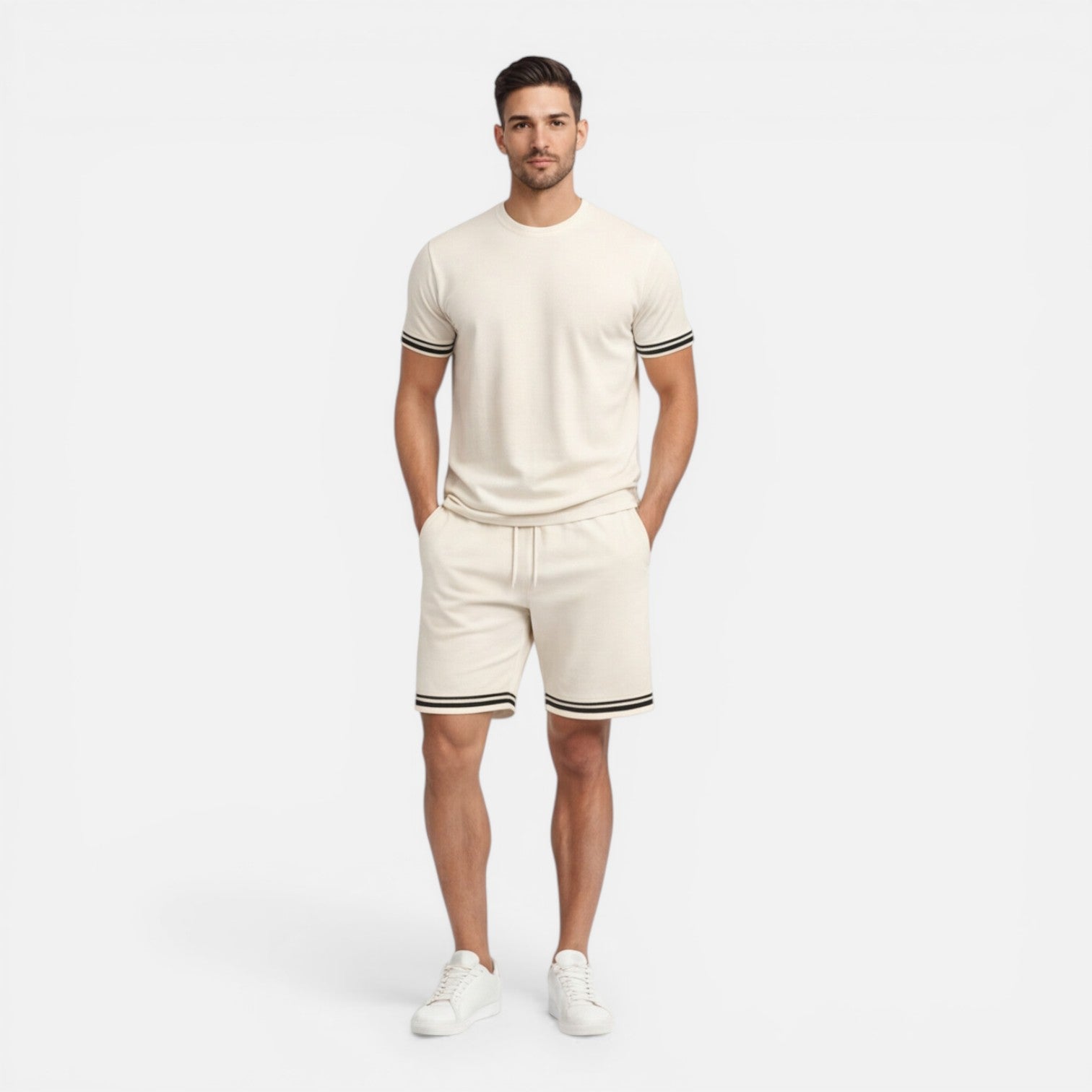 Men's Stripe Trim T-Shirt - Drawstring Shorts Two Piece Set