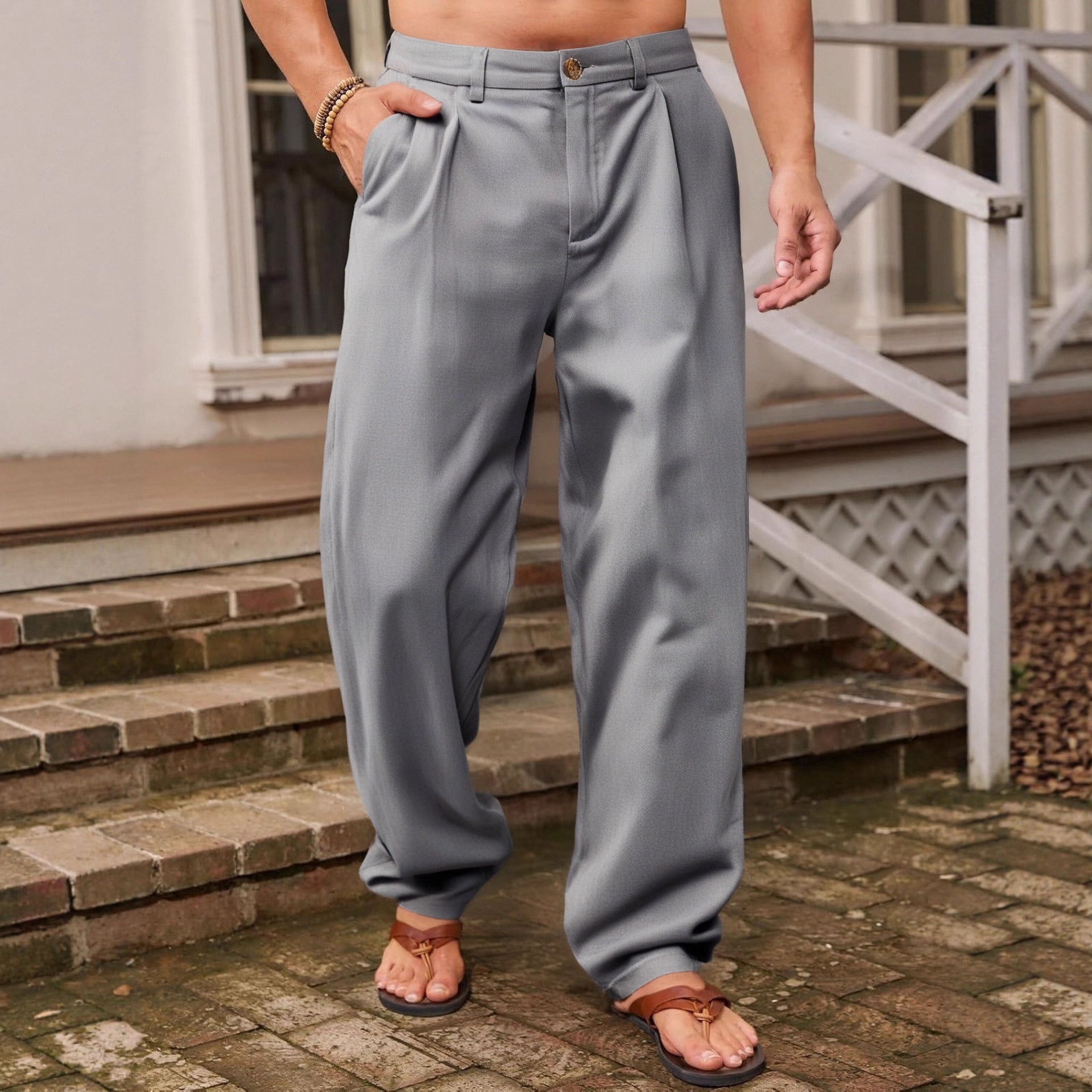 Men's Linen Wide Leg Pleated Elastic Waist Pants