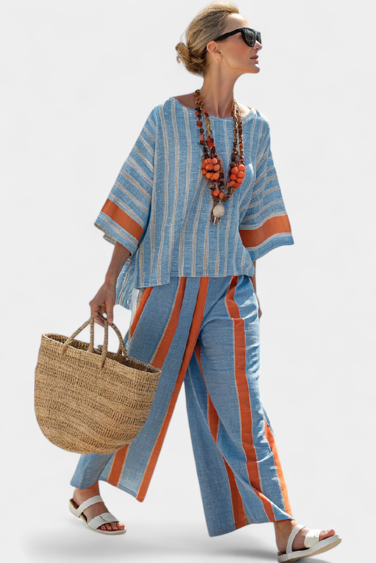Women's Striped Two Piece Set - Short Sleeve Top Wide Leg Pants