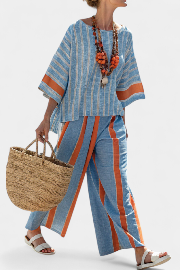 Women's Striped Two Piece Set - Short Sleeve Top Wide Leg Pants
