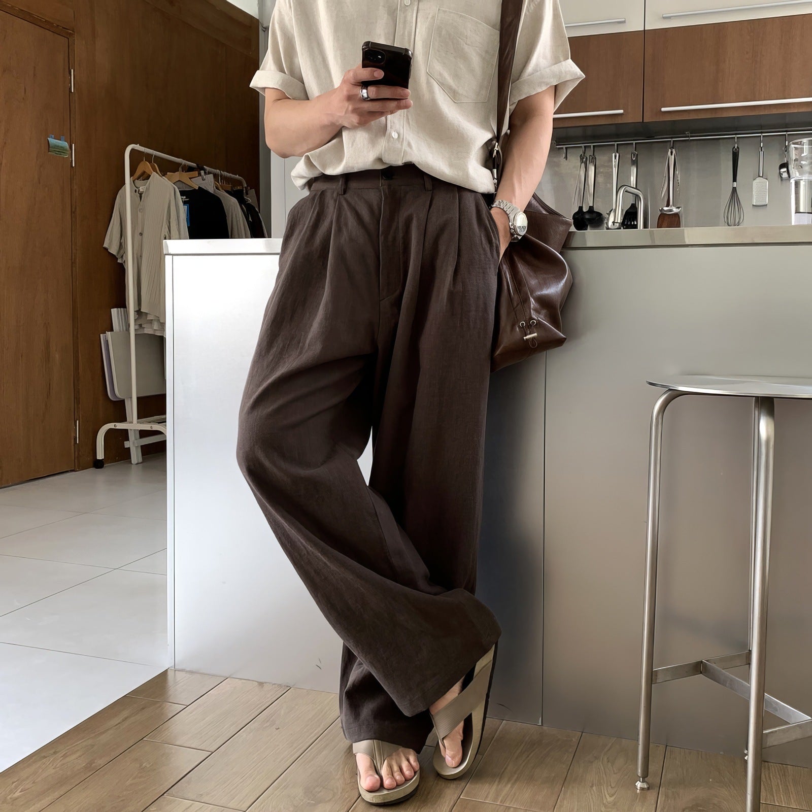 Men's Linen Wide Leg Pleated Front Pants