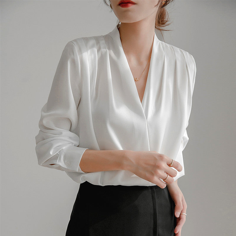 Women’s Long Sleeve V-Neck Blouse with Satin Finish