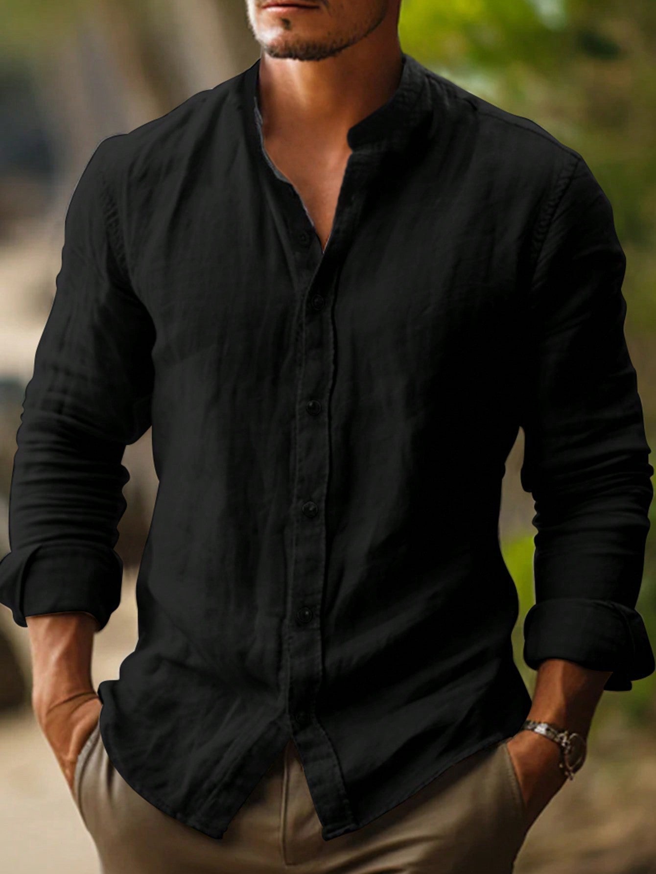 Men's Linen Band Collar Button-Front Long Sleeve Shirt