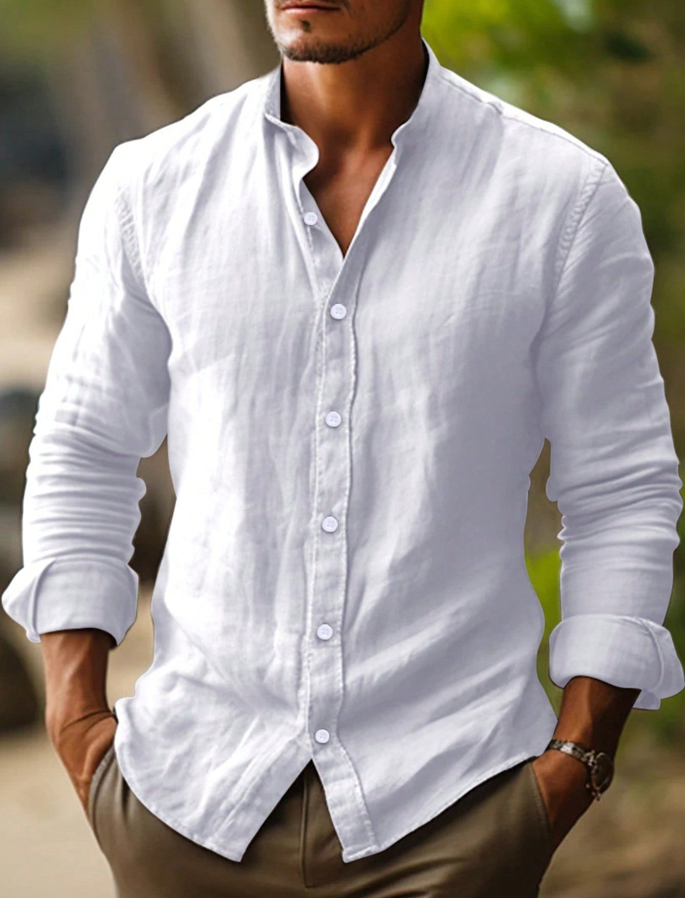 Men's Linen Band Collar Button-Front Long Sleeve Shirt