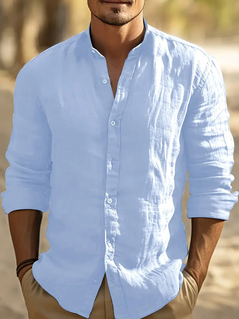 Men's Linen Band Collar Button-Front Long Sleeve Shirt