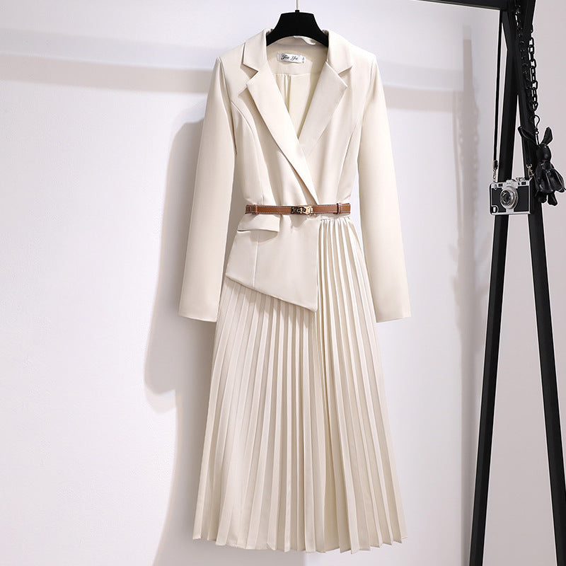 Women’s Pleated Blazer Midi Dress with Belt and Long Sleeves – Formal Dress