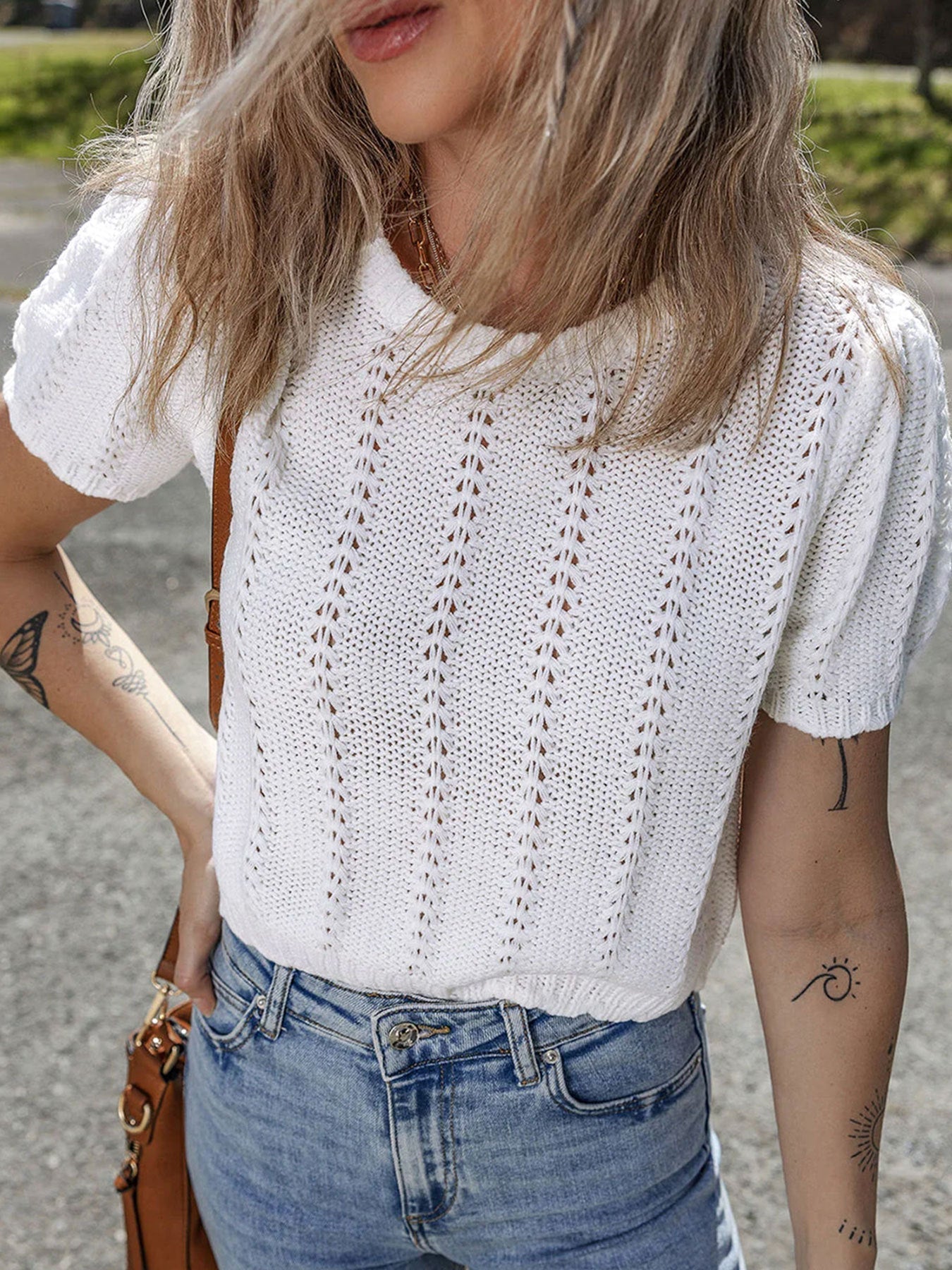 Women's Short Sleeve Pointelle Knit Top - Crew Neck