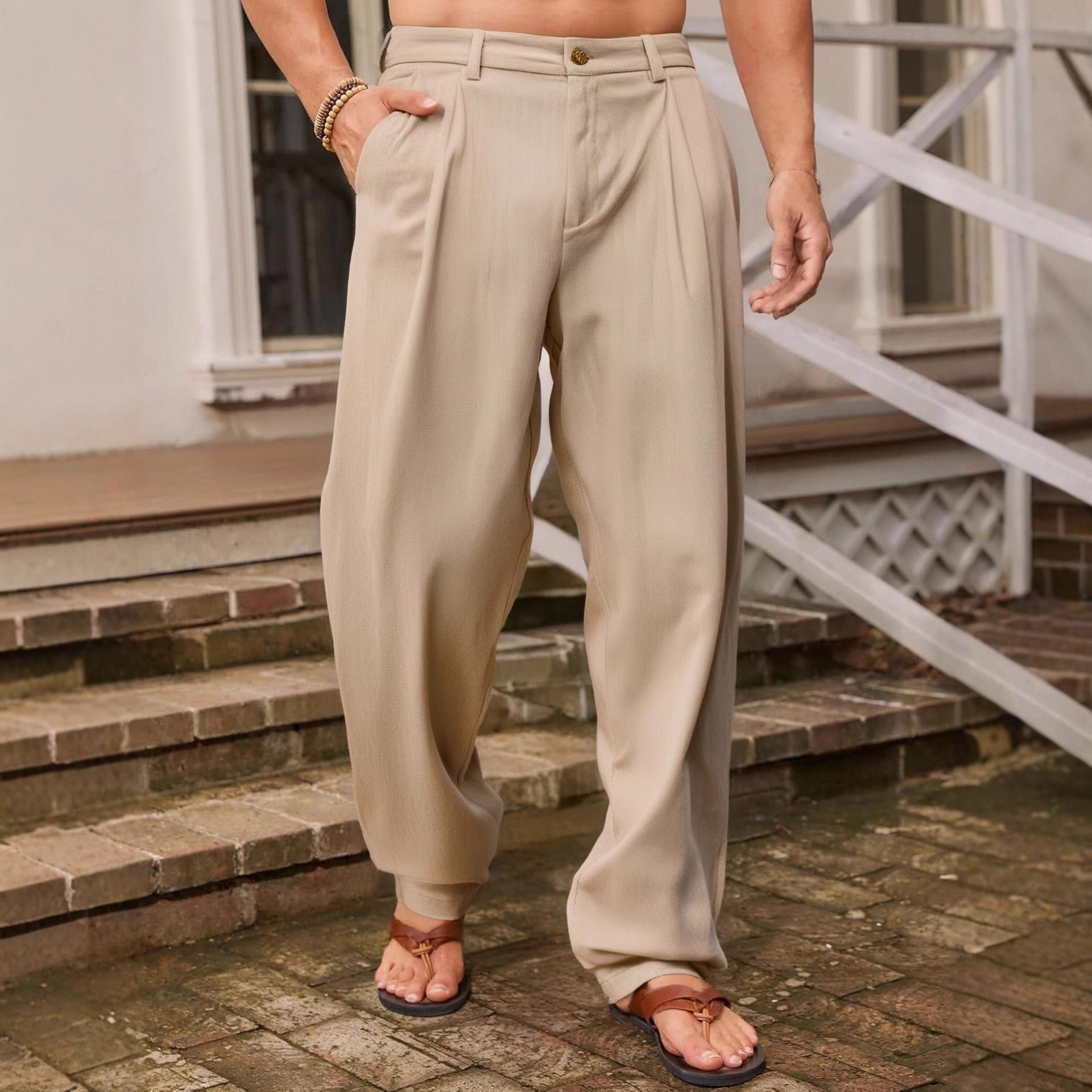Men's Linen Wide Leg Pleated Elastic Waist Pants