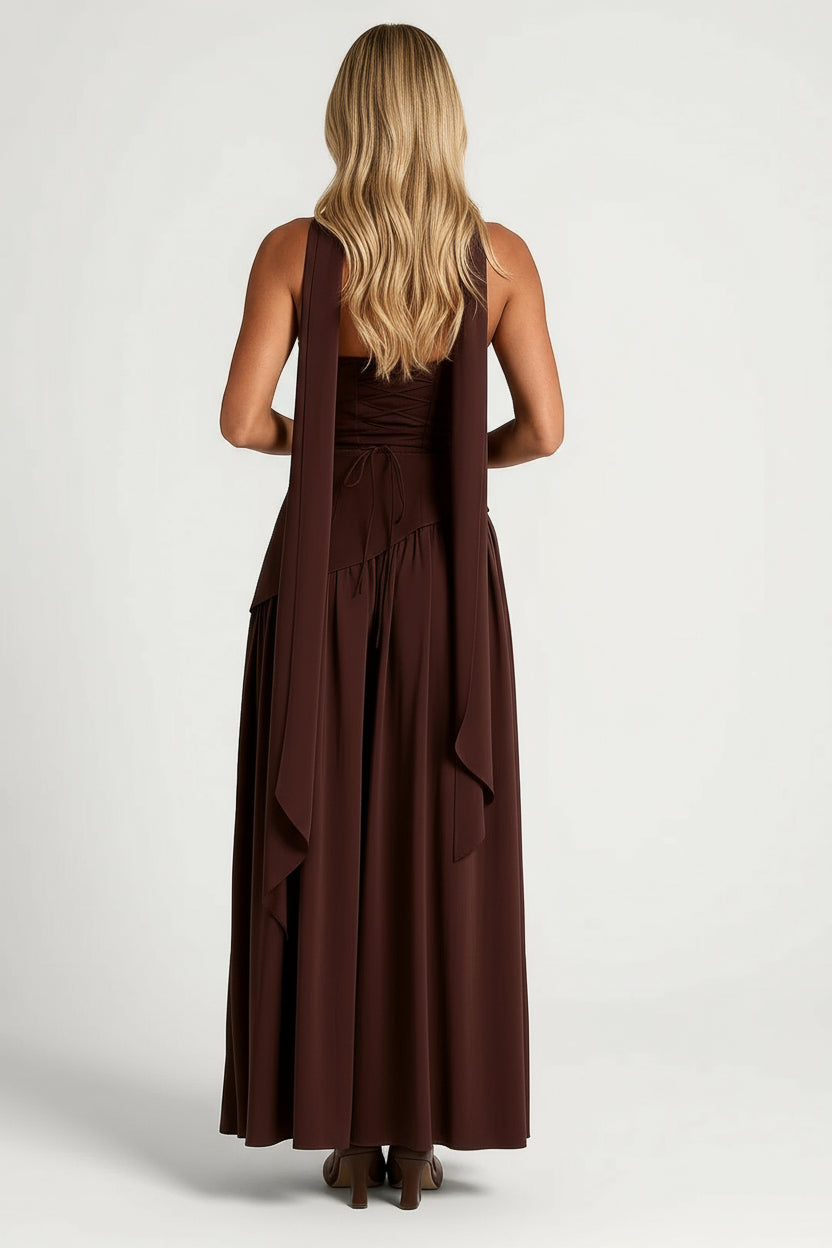 Women's Strapless Maxi Evening Dress – Asymmetric Slit Design with Scarf Detail