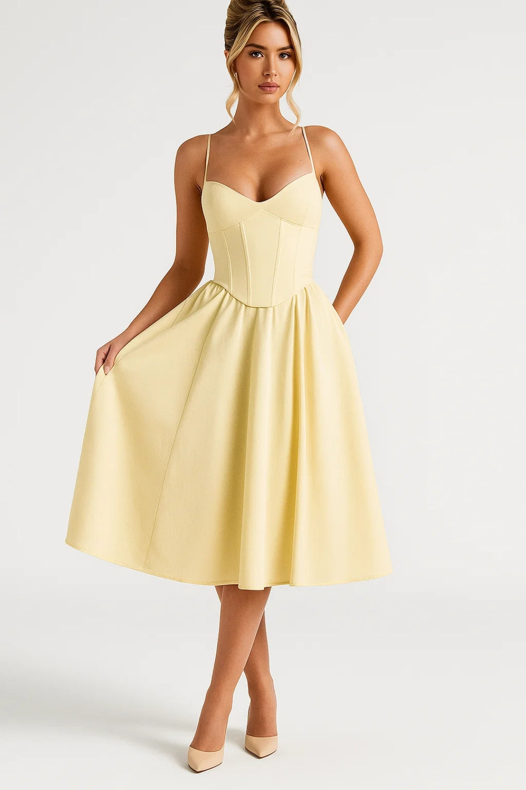 Women's Bustier Midi Dress - Sweetheart Neckline - Lace-Up Back