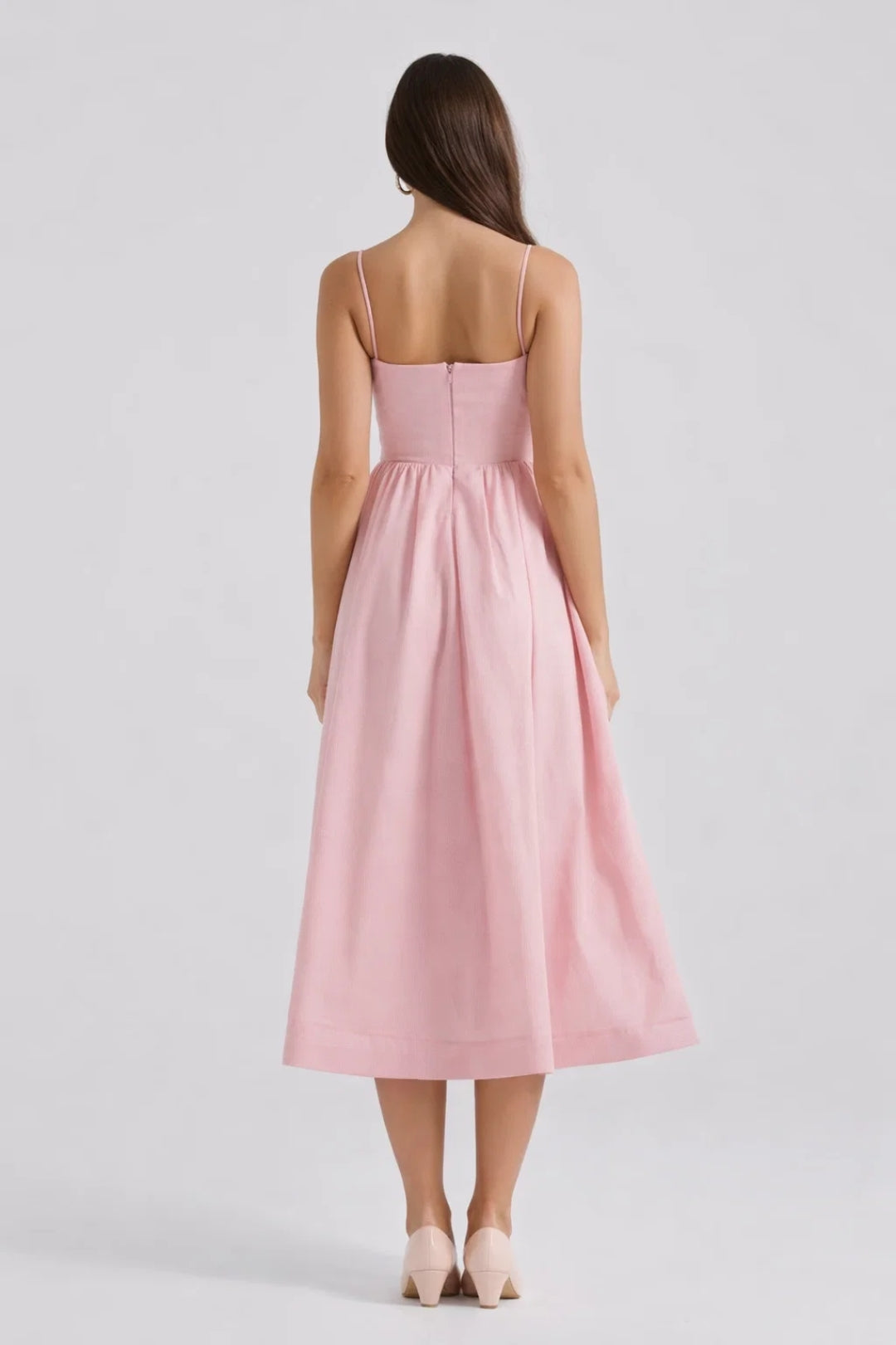 Women's Spaghetti Strap Midi Dress - Fitted Bodice - Full Skirt