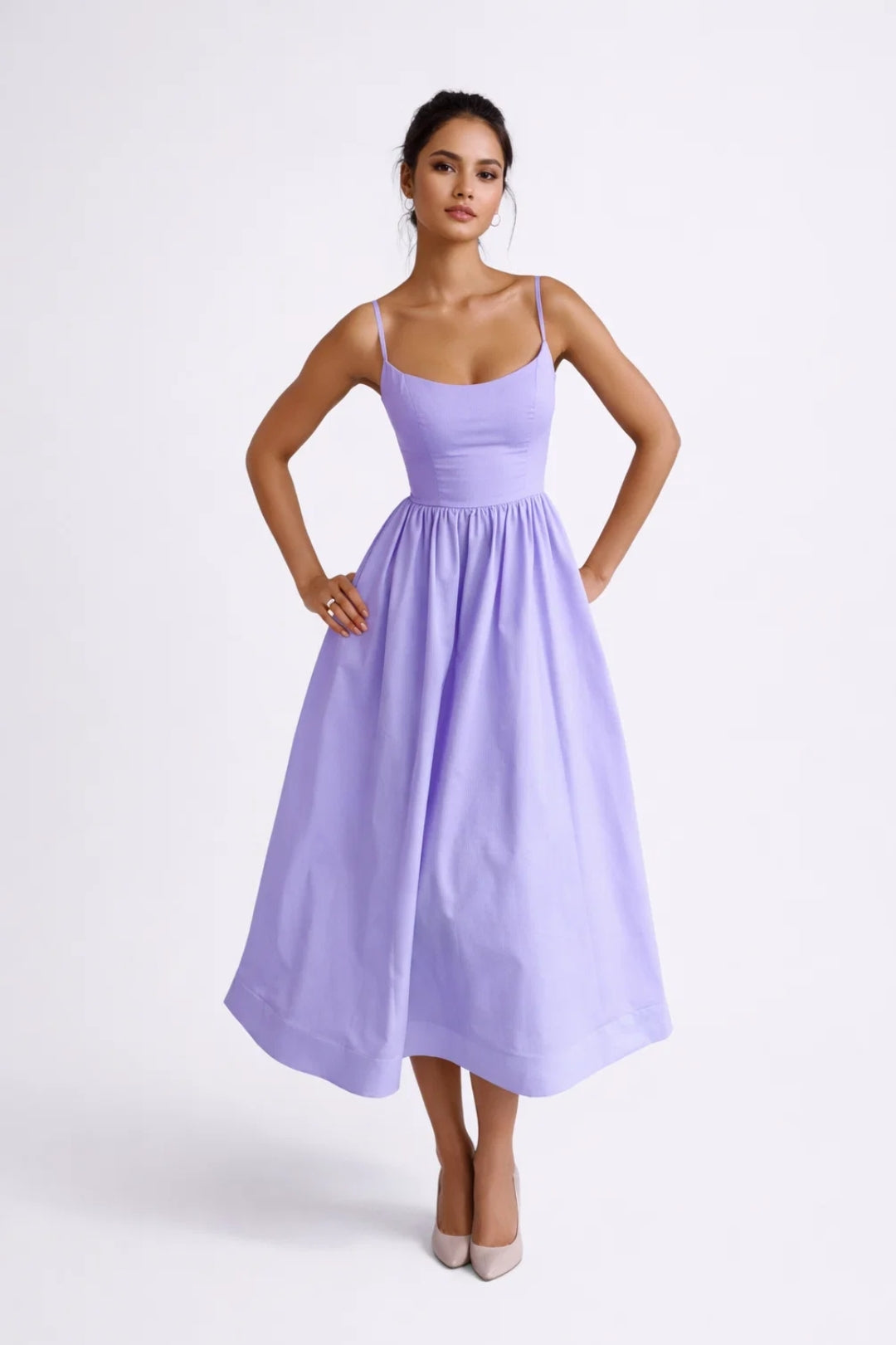 Women's Spaghetti Strap Midi Dress - Fitted Bodice - Full Skirt