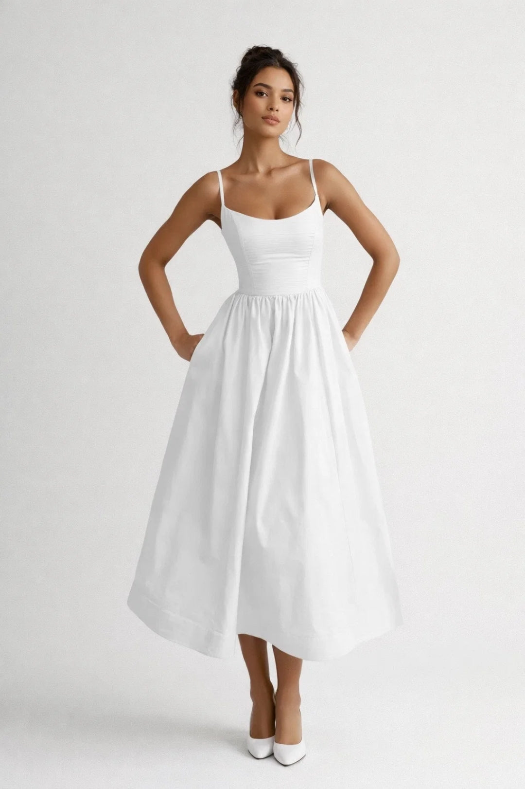 Women's Spaghetti Strap Midi Dress - Fitted Bodice - Full Skirt