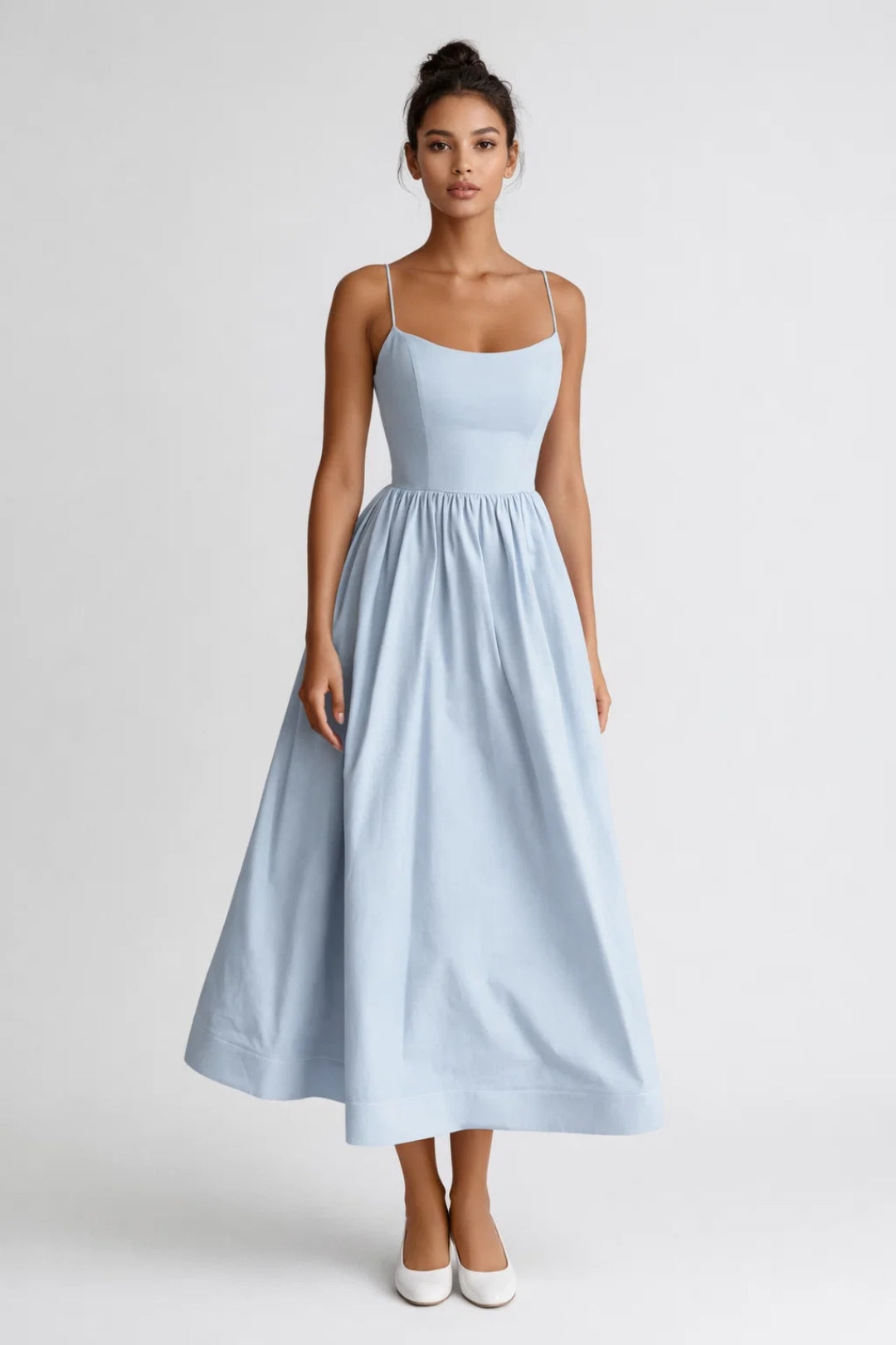 Women's Spaghetti Strap Midi Dress - Fitted Bodice - Full Skirt