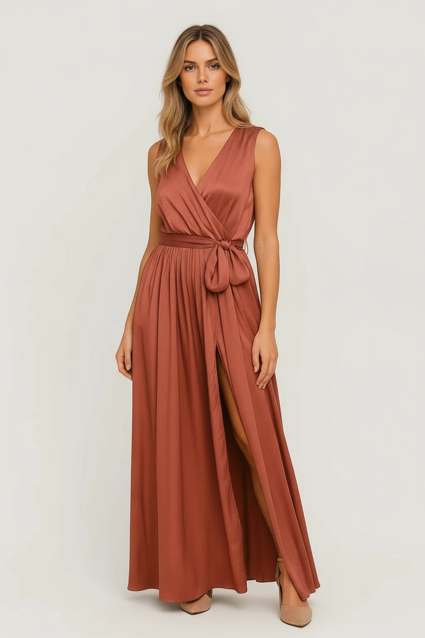 Women's Sleeveless Wrap Maxi Dress – Tie Waist and Front Slit Design