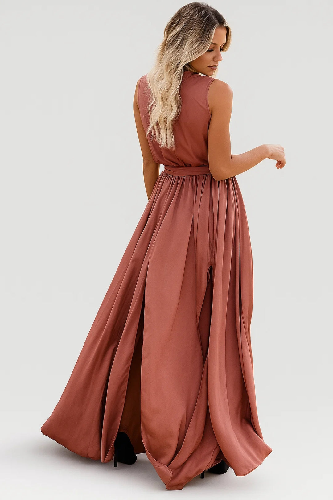 Women's Sleeveless Wrap Maxi Dress – Tie Waist and Front Slit Design