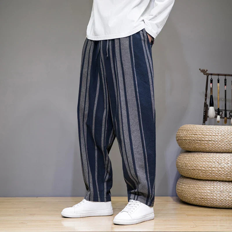 Men's Striped Cropped Trousers - Relaxed Fit Drawstring Pants