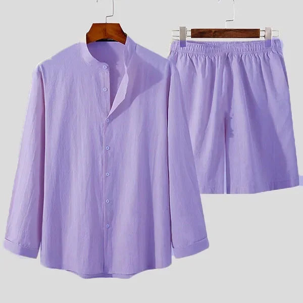 Men's Linen Two Piece Set Long Sleeve Button Front Shirt Shorts