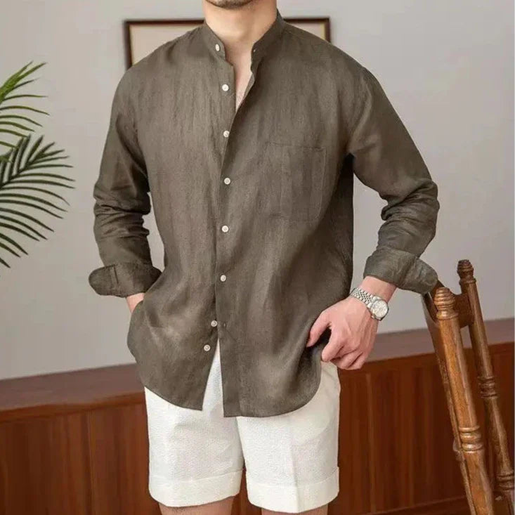 Men's Linen Stand Collar Shirt - Long Sleeve - Button Front