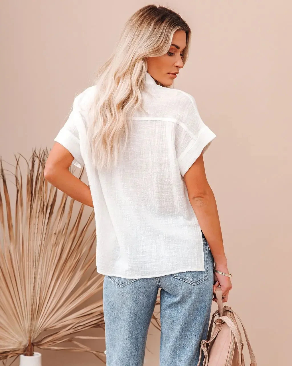 Chemise à boutons à manches courtes en mélange de lin pour femmes