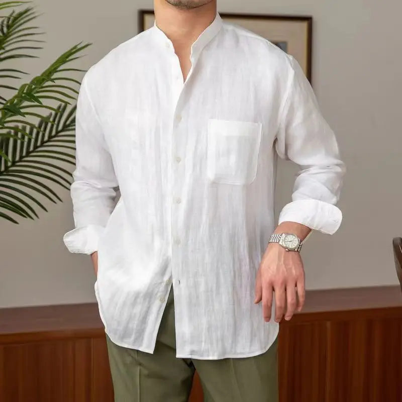 Men's Linen Stand Collar Shirt - Long Sleeve - Button Front