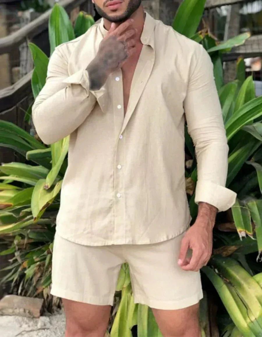 Men's Linen Two Piece Set Long Sleeve Button Front Shirt Shorts