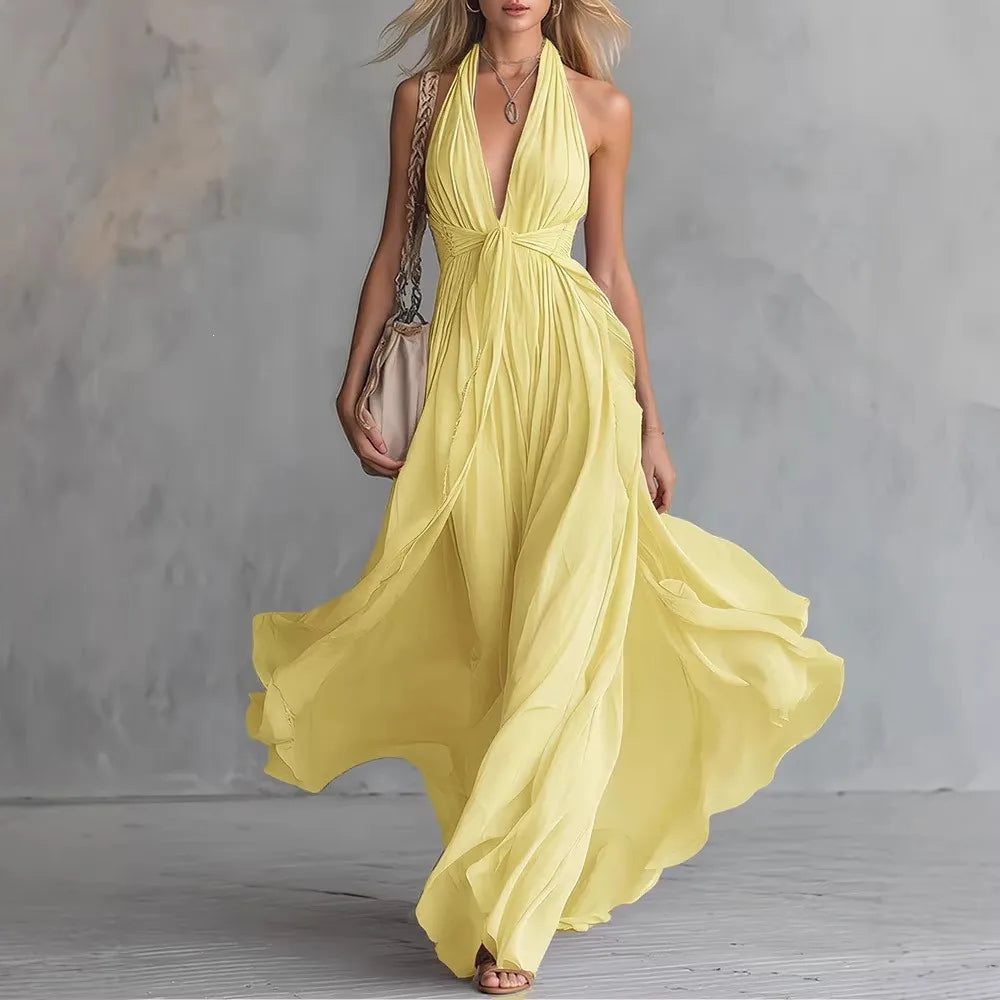 Women's Maxi Dress Halter Deep V-Neck Flowing Waist Tie