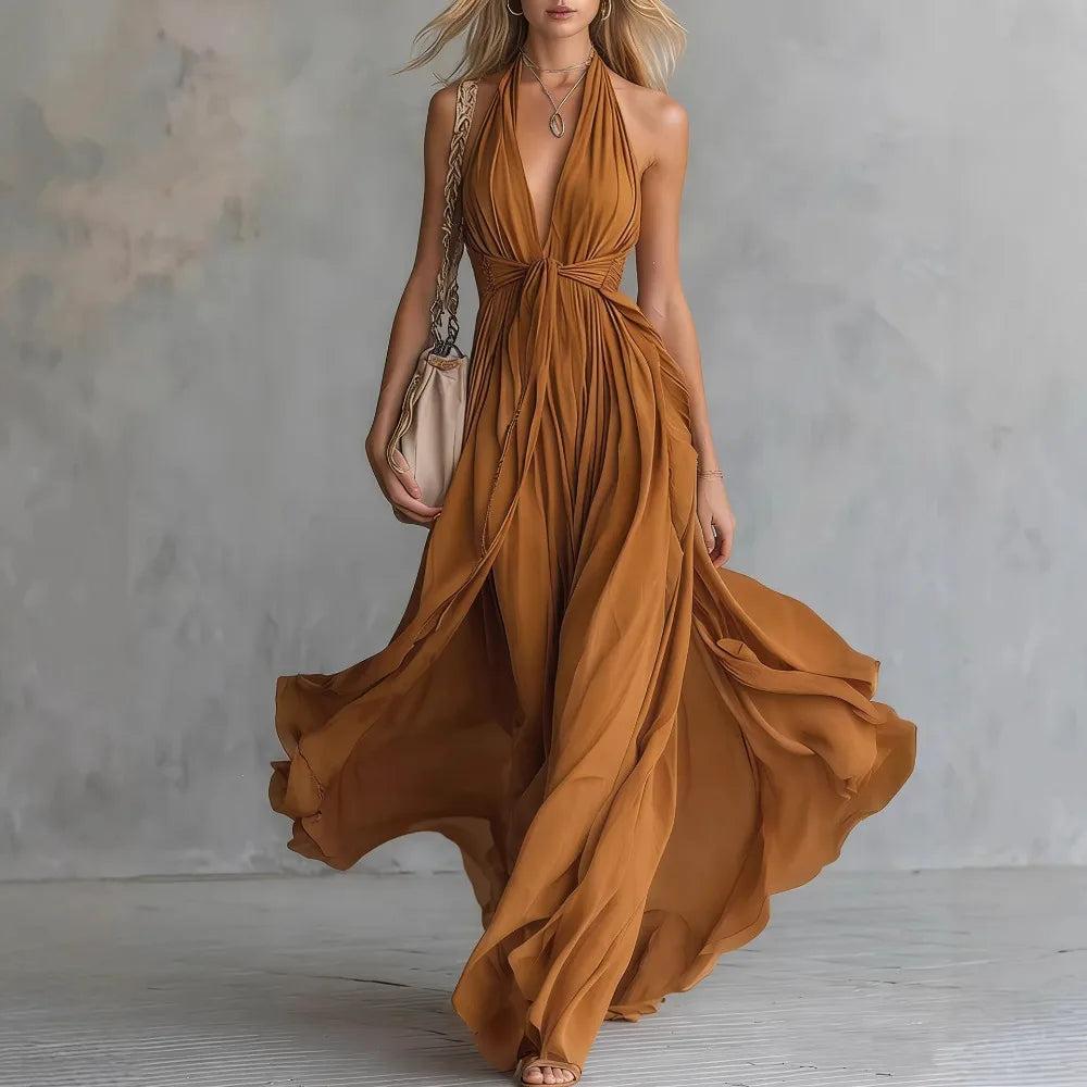 Women's Maxi Dress Halter Deep V-Neck Flowing Waist Tie