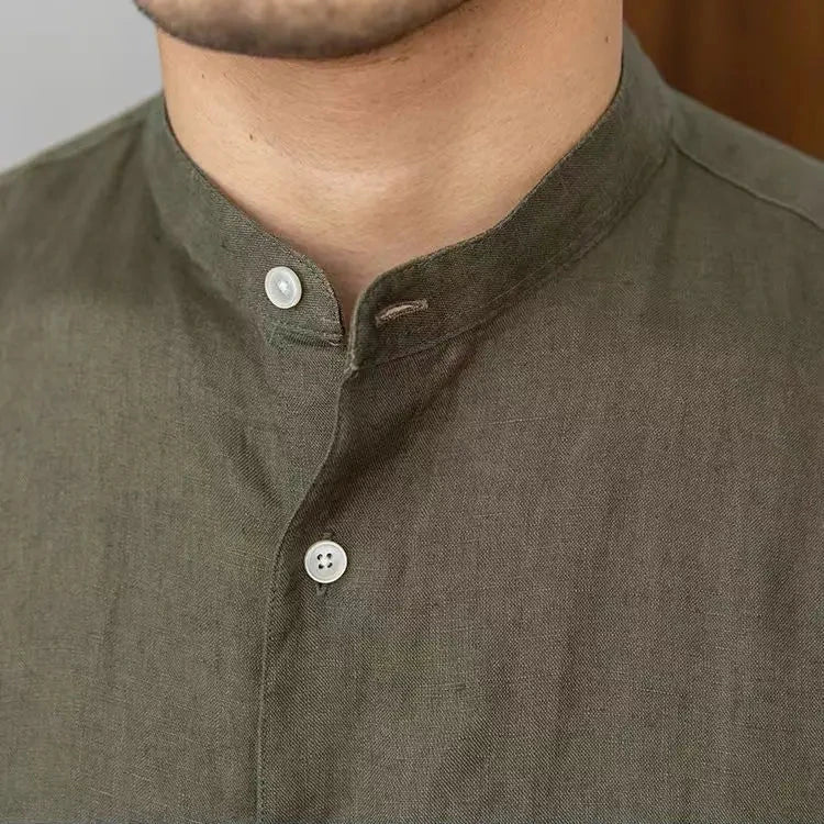 Men's Linen Stand Collar Shirt - Long Sleeve - Button Front