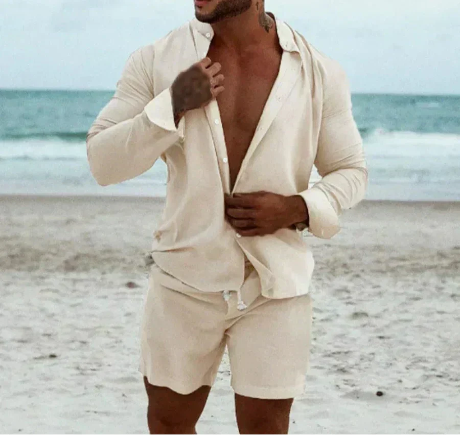 Men's Linen Two Piece Set Long Sleeve Button Front Shirt Shorts
