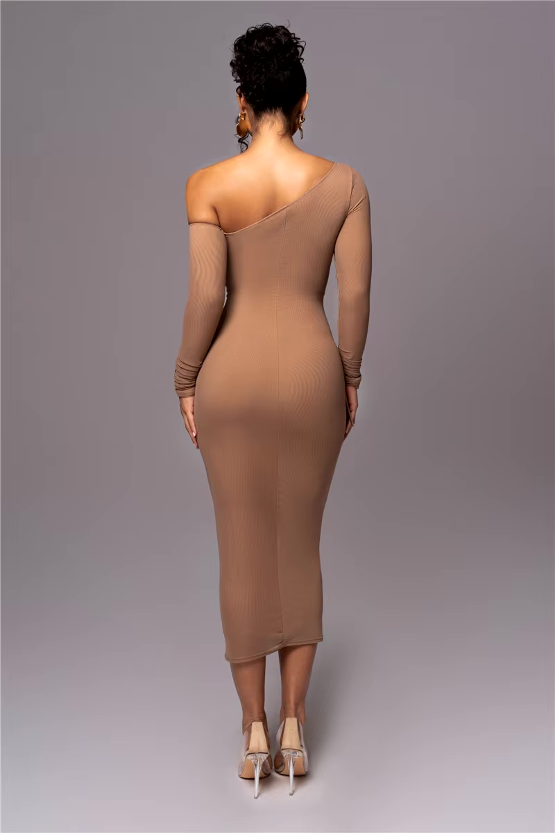 Women’s One-Shoulder Midi Dress with Long Sleeve and Ruched Detailing – Evening Dress