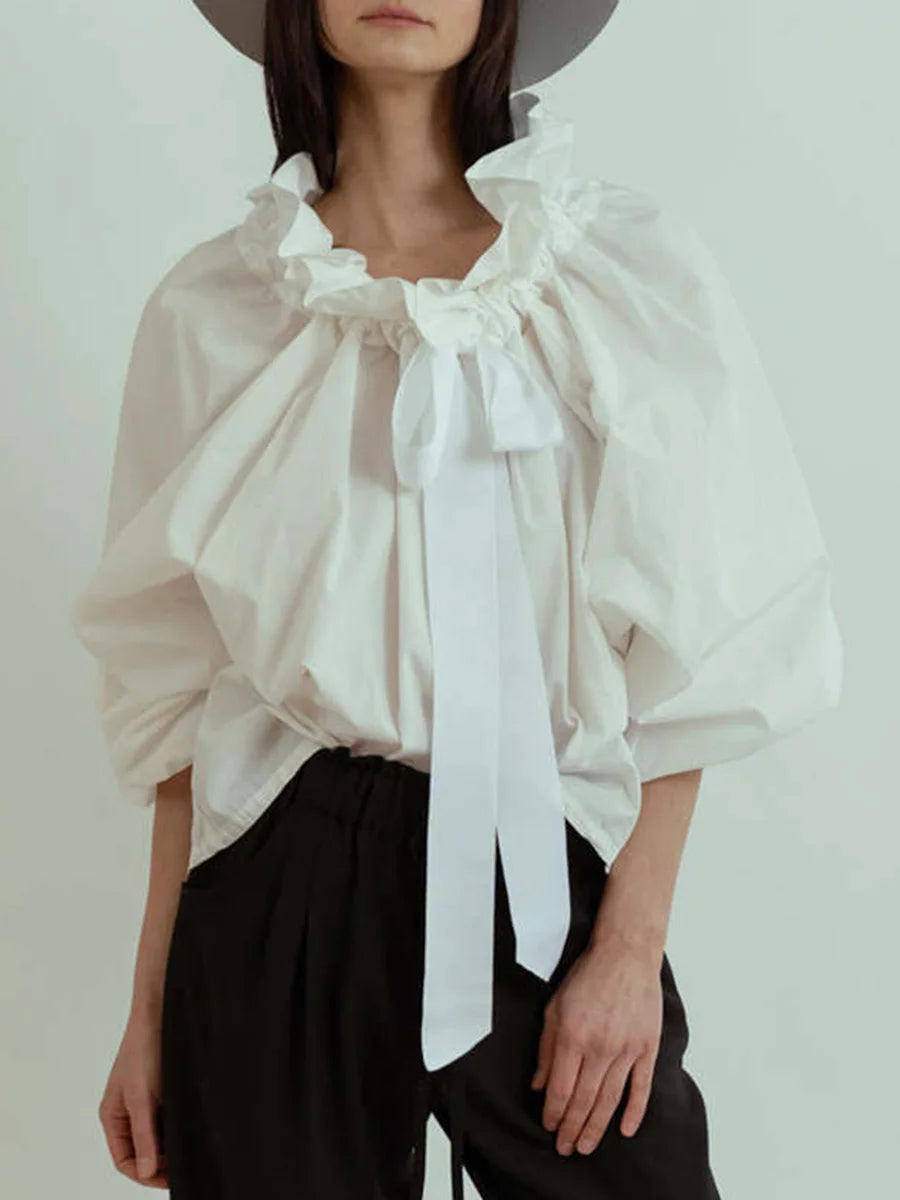 Women’s Ruffle Tie-Neck Blouse – Voluminous Puff Sleeves