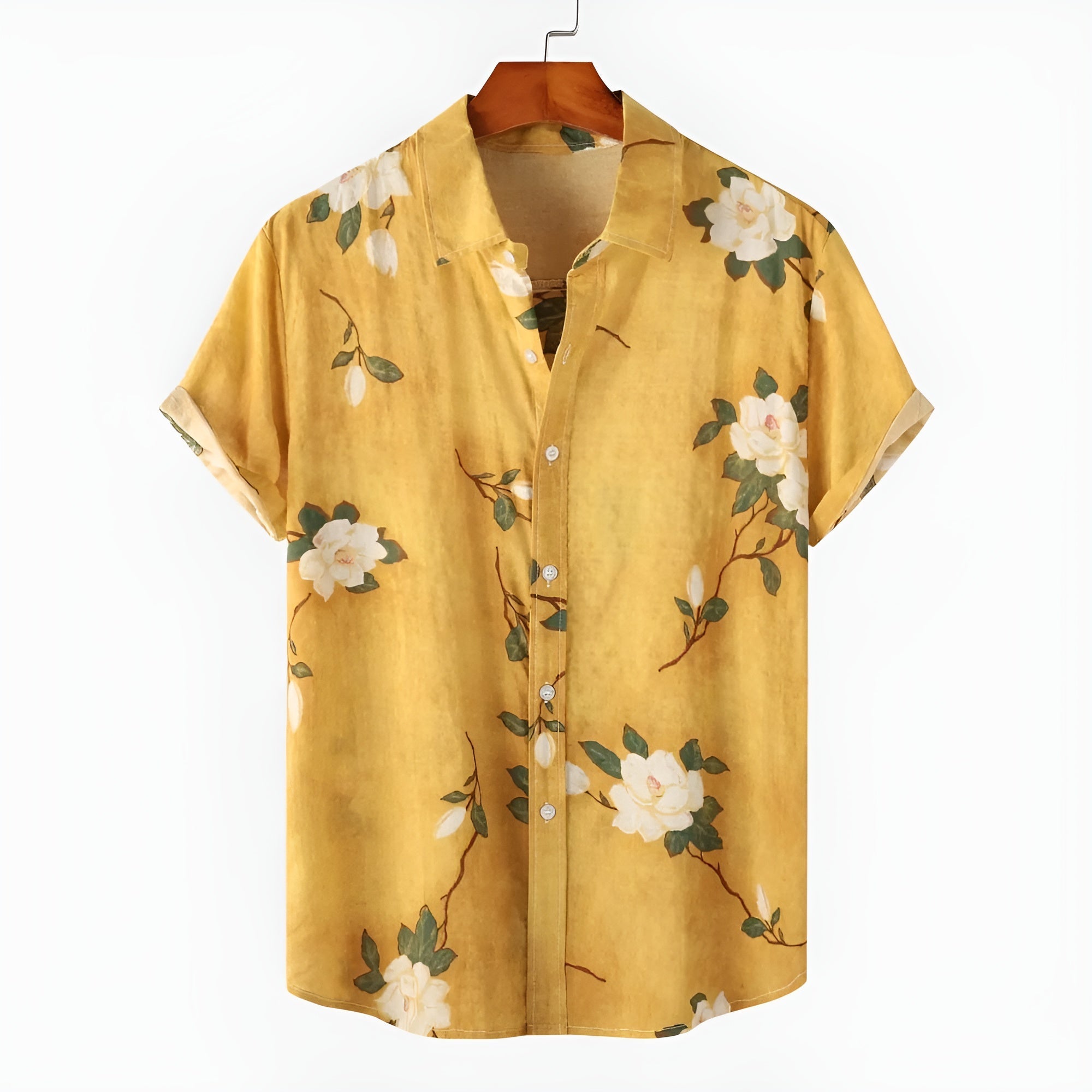 Men’s Floral 3D Print Short Sleeve Button-Up Shirt with Classic Collar