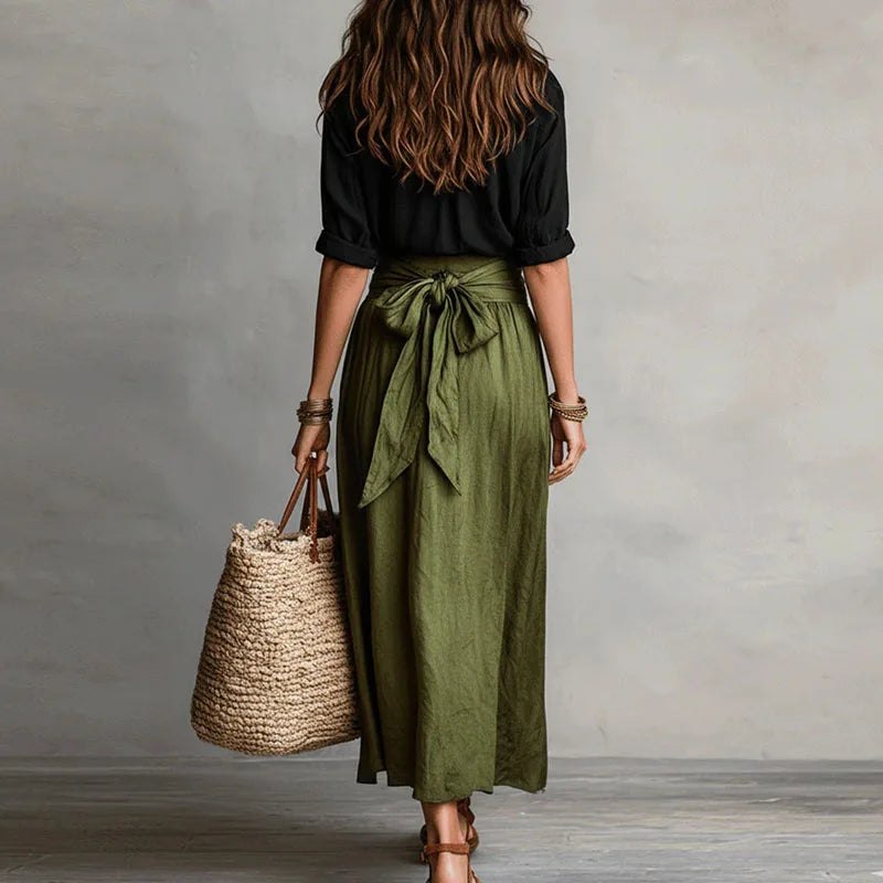 Women's Linen Two-Piece Set Button-Up Wrap Skirt