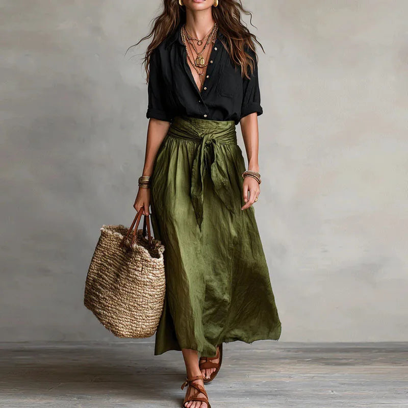 Women's Linen Two-Piece Set Button-Up Wrap Skirt