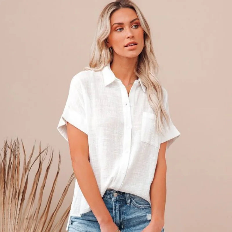 Chemise à boutons à manches courtes en mélange de lin pour femmes