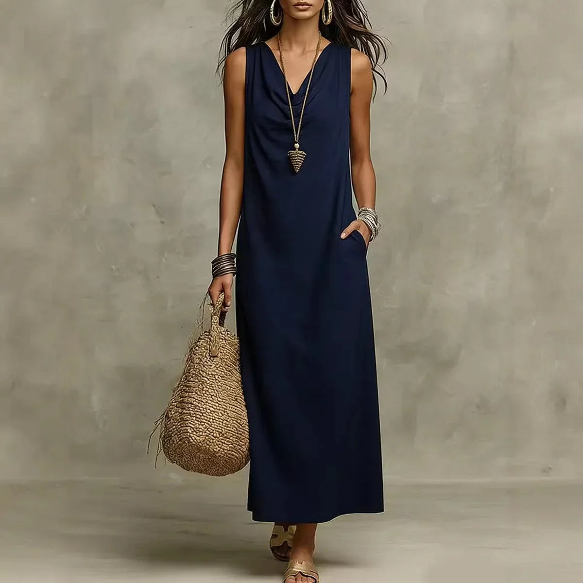 Women's Maxi Dress Linen Sleeveless V-Neck