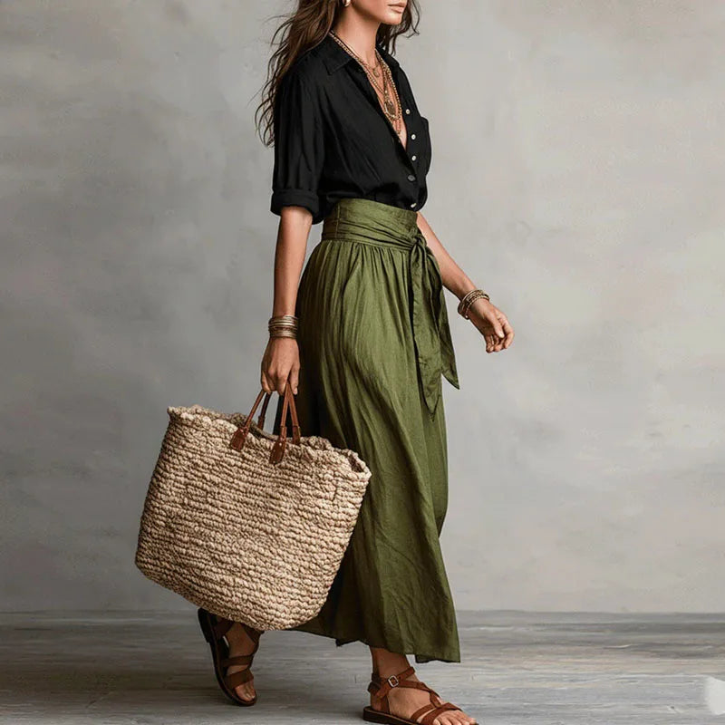 Women's Linen Two-Piece Set Button-Up Wrap Skirt