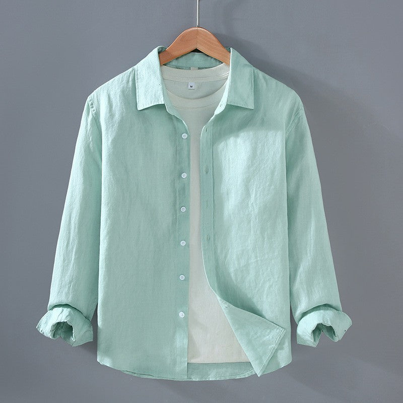 Chemise à boutons à col écarté en lin à manches longues pour hommes