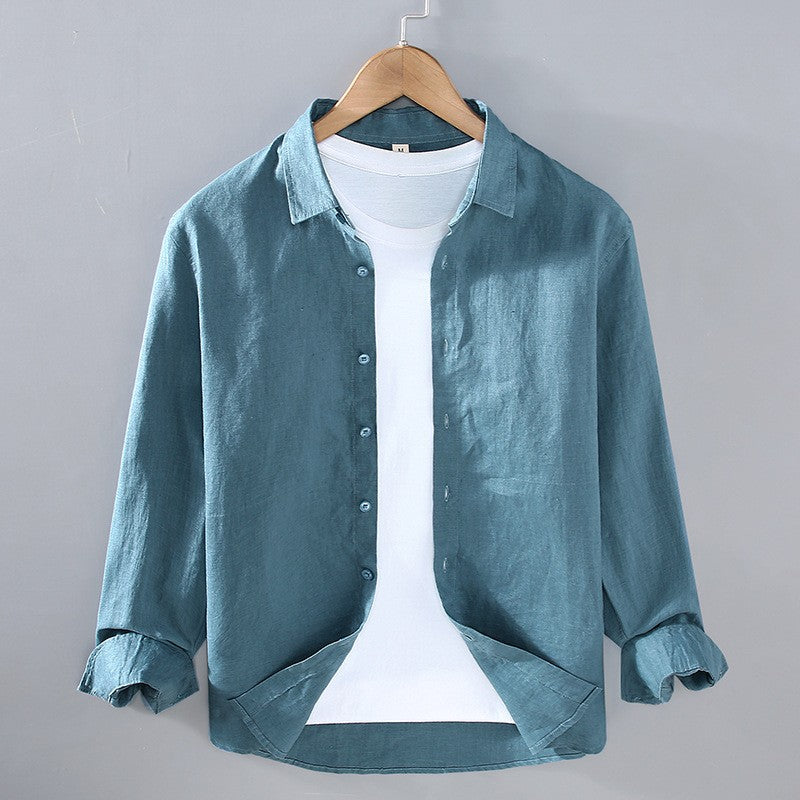 Chemise à boutons à col écarté en lin à manches longues pour hommes
