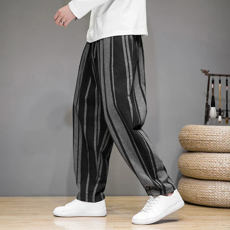 Men's Striped Cropped Trousers - Relaxed Fit Drawstring Pants