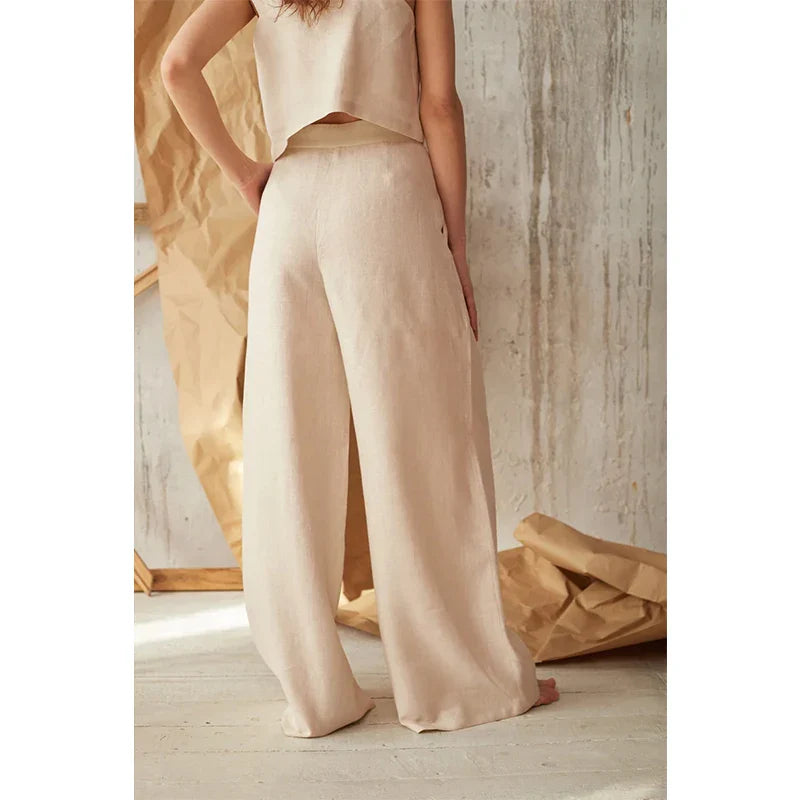 Pantalons larges en mélange de lin à boutons avec poches taille haute pour femmes